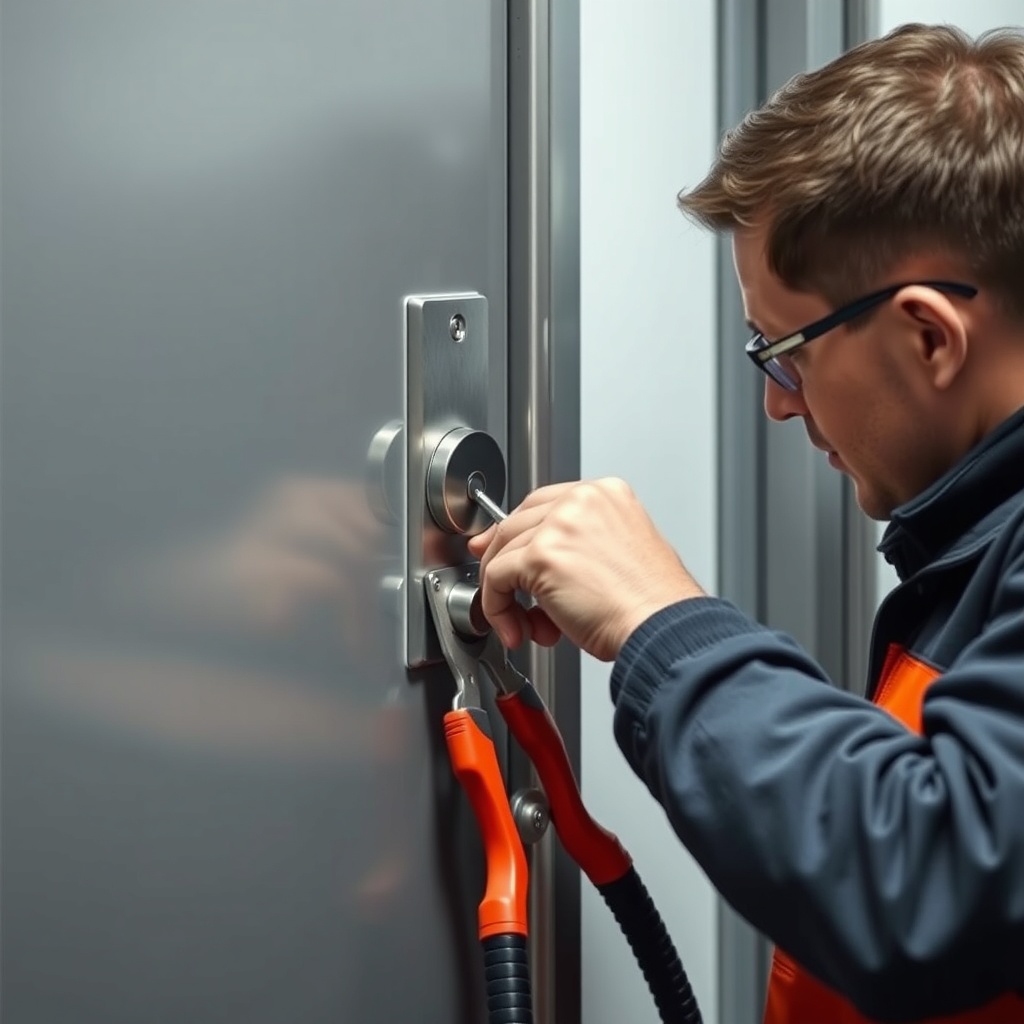 A photorealistic photo of a technician installing the smart lock on a steel door