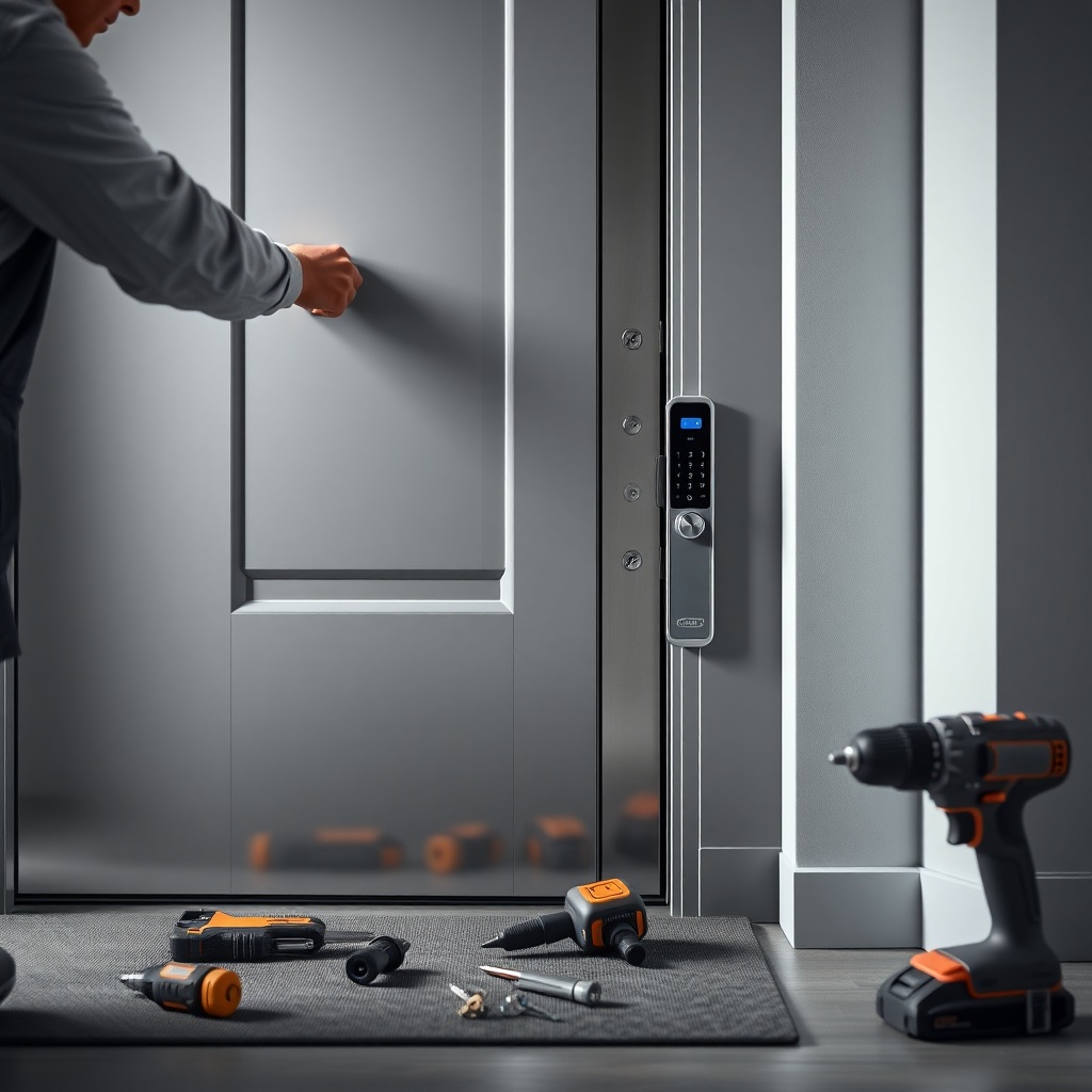 A photorealistic photo showing a technician installing a smart lock system on a steel secu