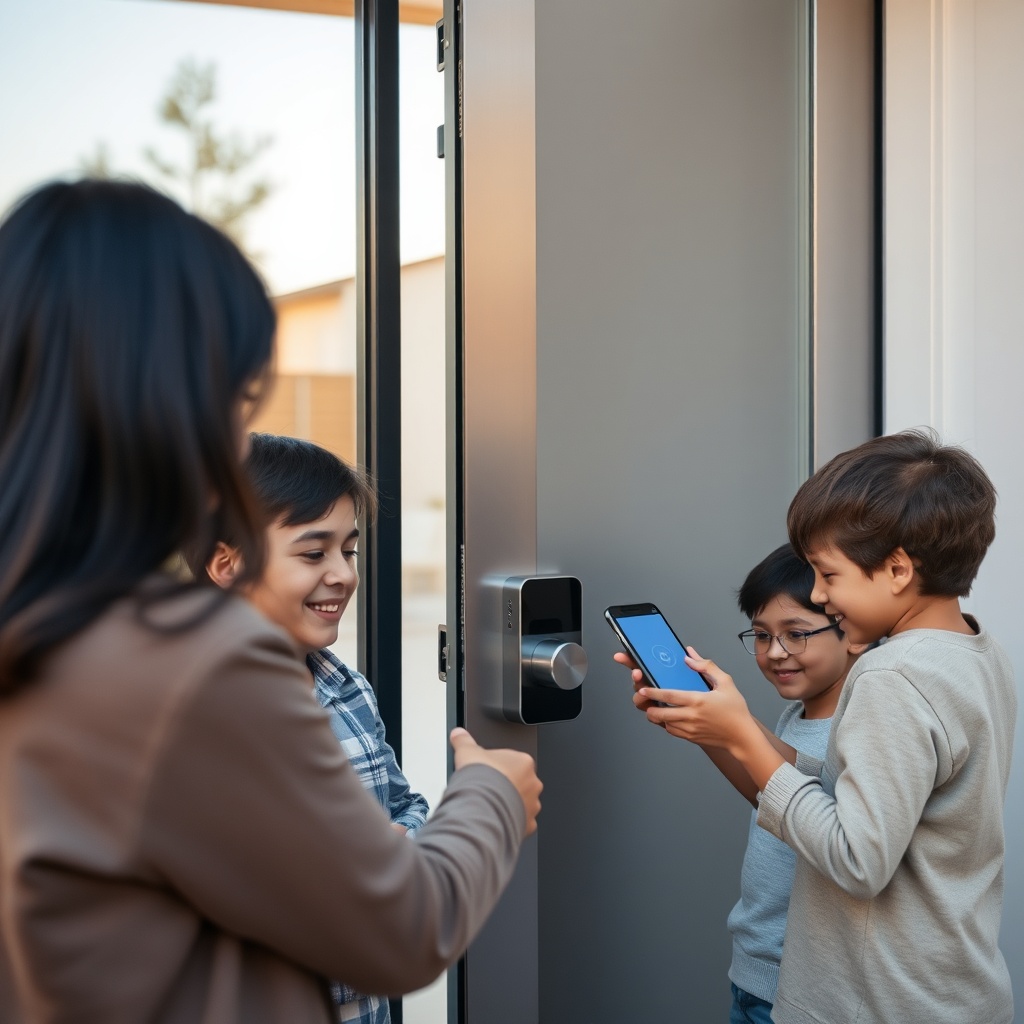 A photorealistic photo showing a satisfied family using a smartphone to unlock a steel sec
