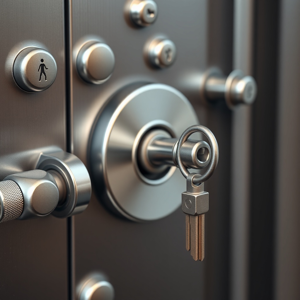 <A photorealistic close-up of a high-security steel door lock system with multiple steel b