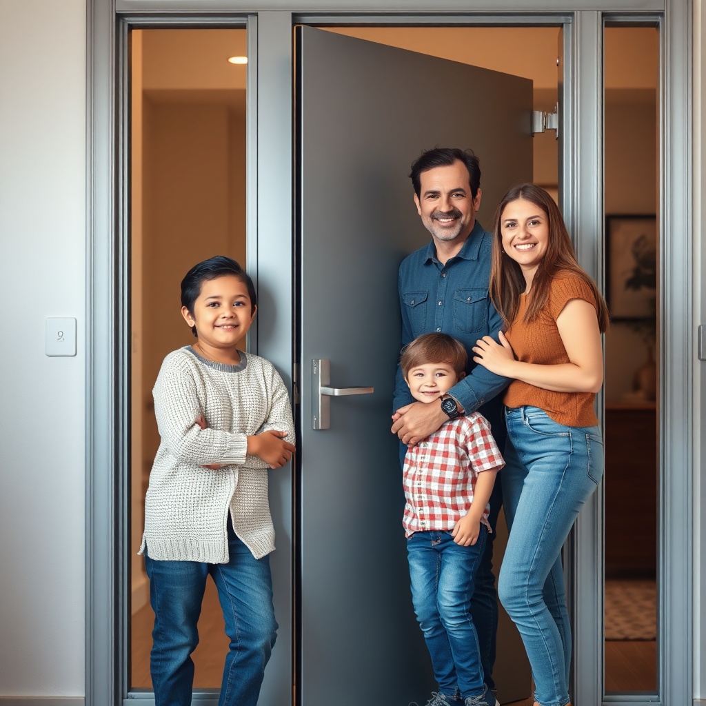 <A photorealistic image of a family standing next to a steel door with a secure lock