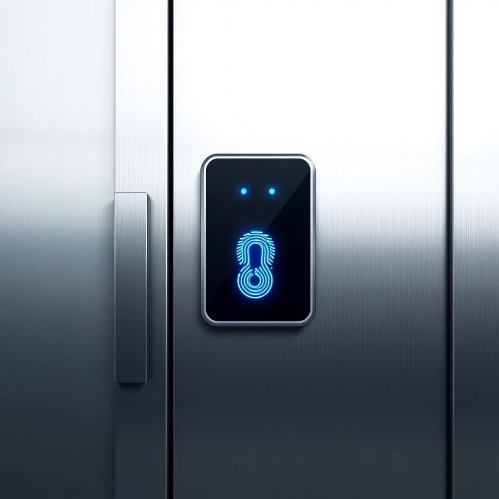 <clean photorealistic photo of a modern steel door with a smart lock panel