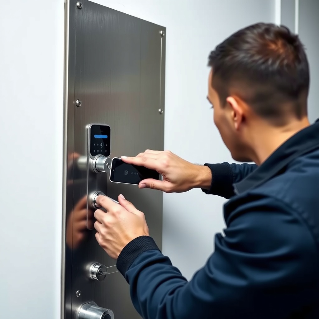 <clean photorealistic photo of a locksmith installing a smart lock on a steel door