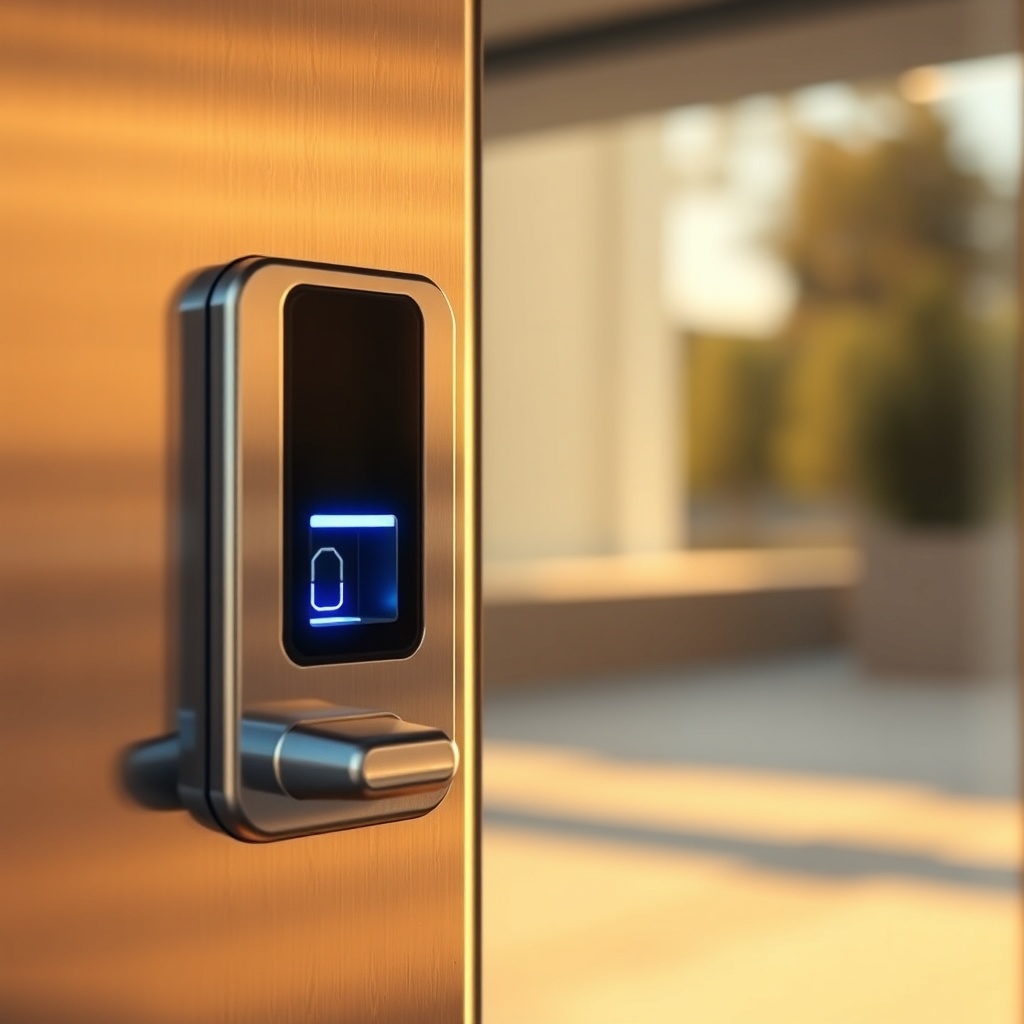 <A photorealistic close-up photo of a polished steel door with a sleek fingerprint scanner