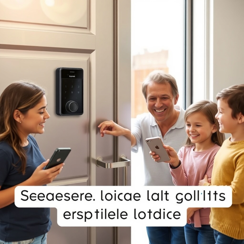 <A photorealistic image of a smiling family using a smartphone to open a steel door with a