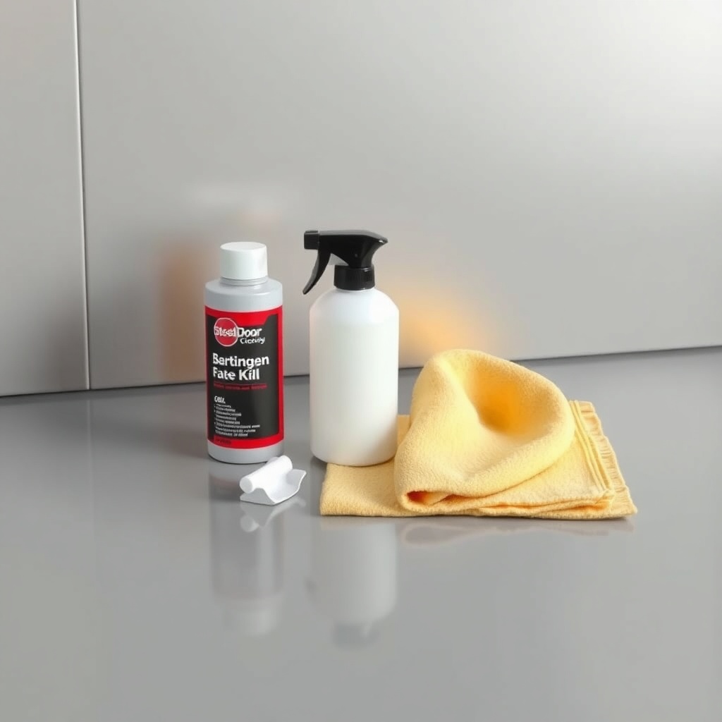<clean photorealistic photo/illustration of a steel door maintenance kit with oil