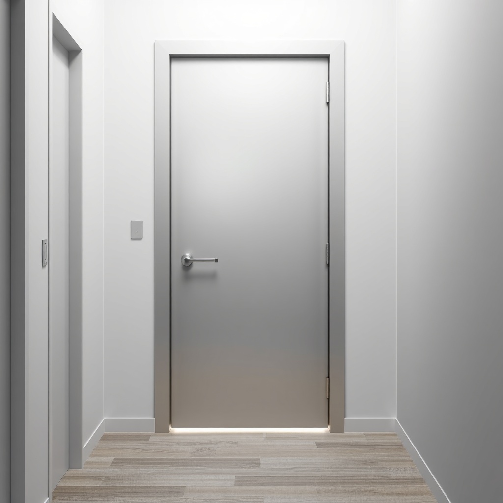 <Clean photorealistic photo of a steel door with a simple design