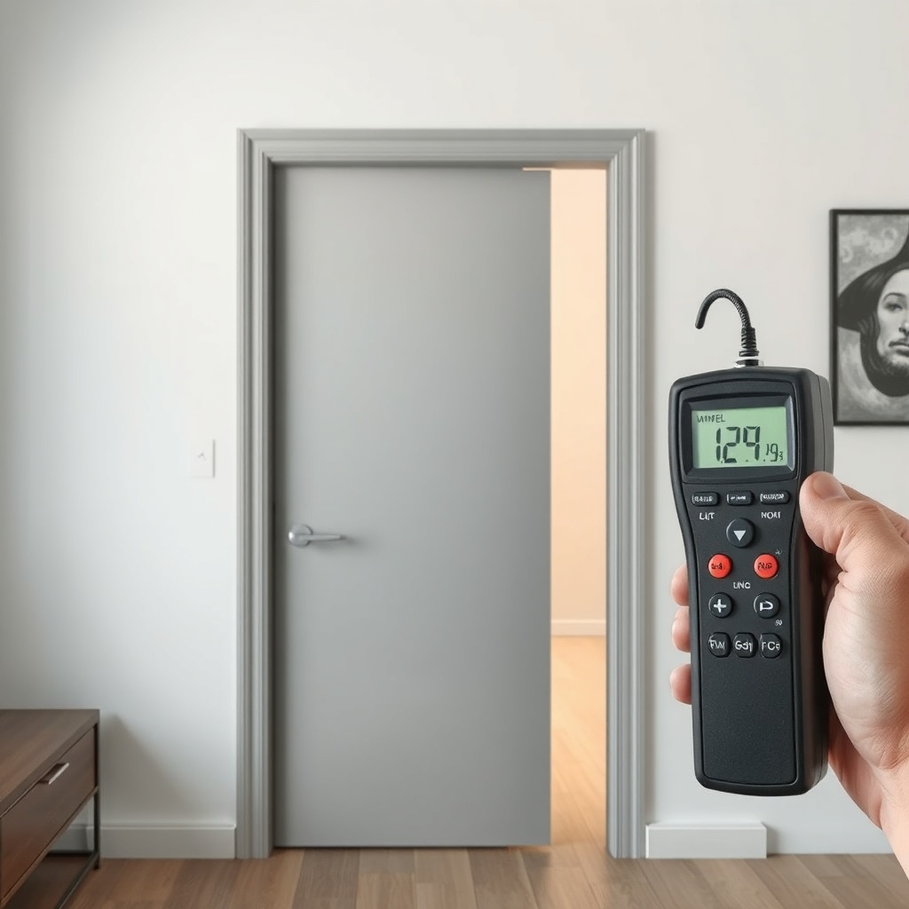 <Clean photorealistic photo of a soundproof steel door being tested with a decibel meter i