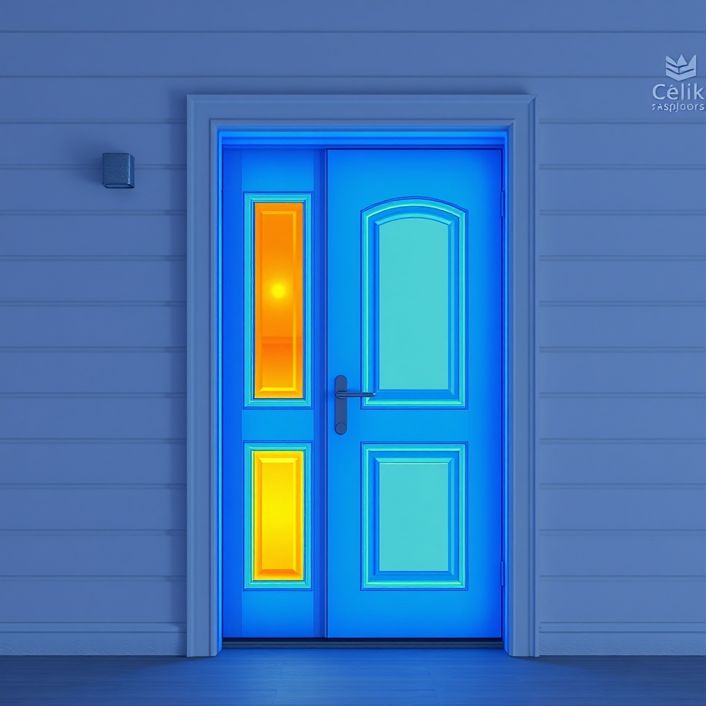 A photorealistic infrared thermal image of a Çelik Kapı Max Güvenlik door installed in a h