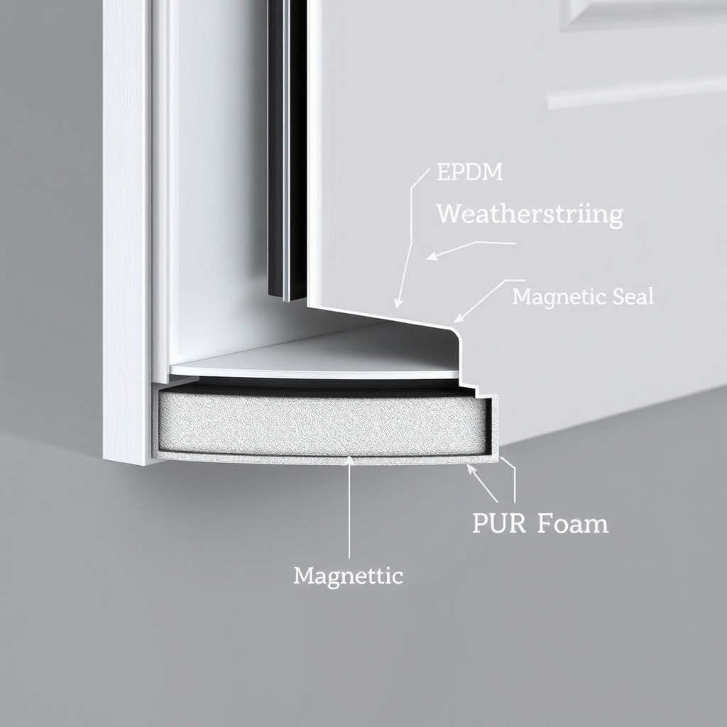 A photorealistic cross-sectional illustration of the door's edge showing EPDM weatherstrip
