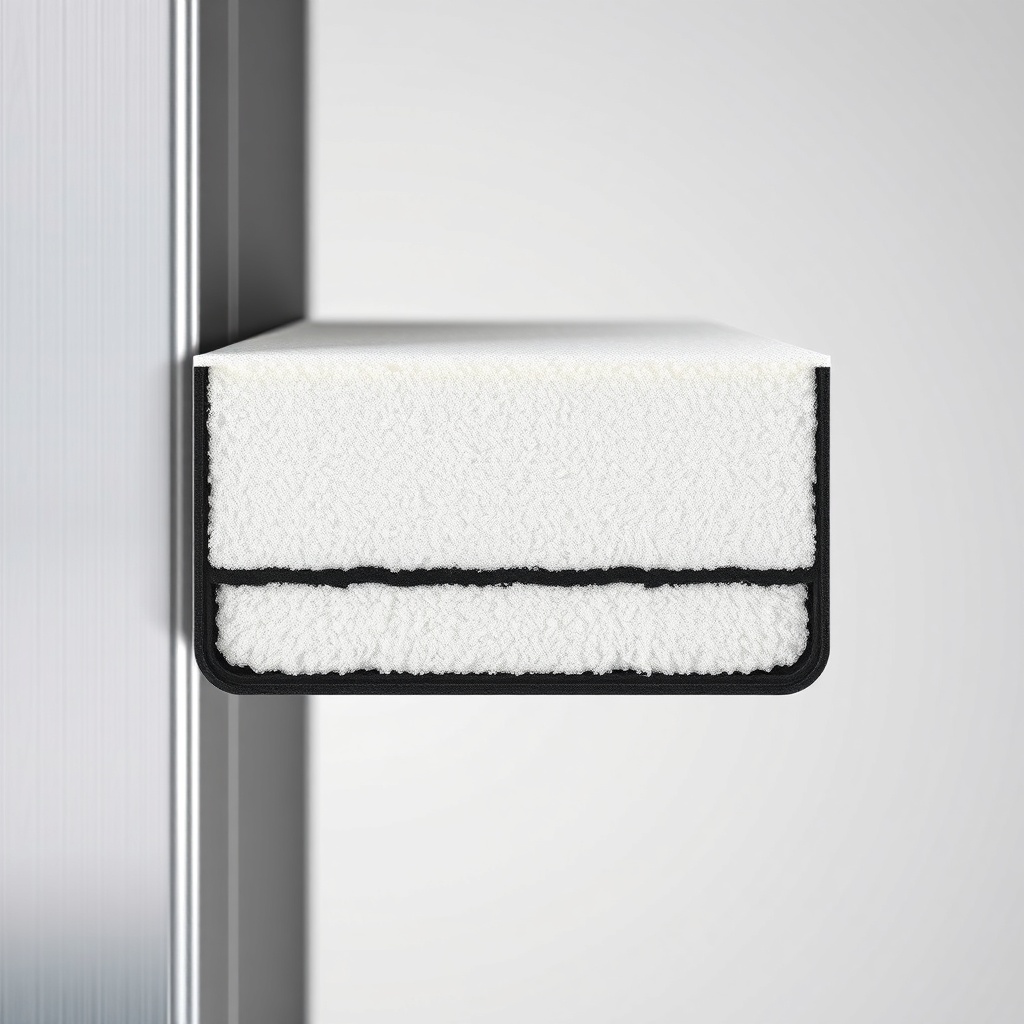 A photorealistic close-up of a thick steel door cross-section showing three layers: outer