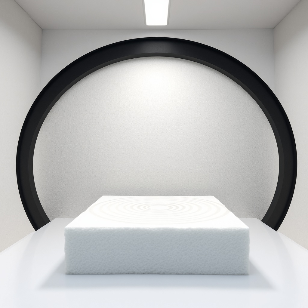 A photorealistic photo showing a polyurethane foam sample being tested in an acoustic cham