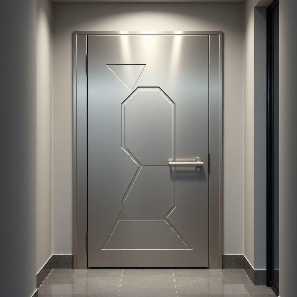 <clean photorealistic photo/illustration of a modern Max Güvenlik steel door with geometri