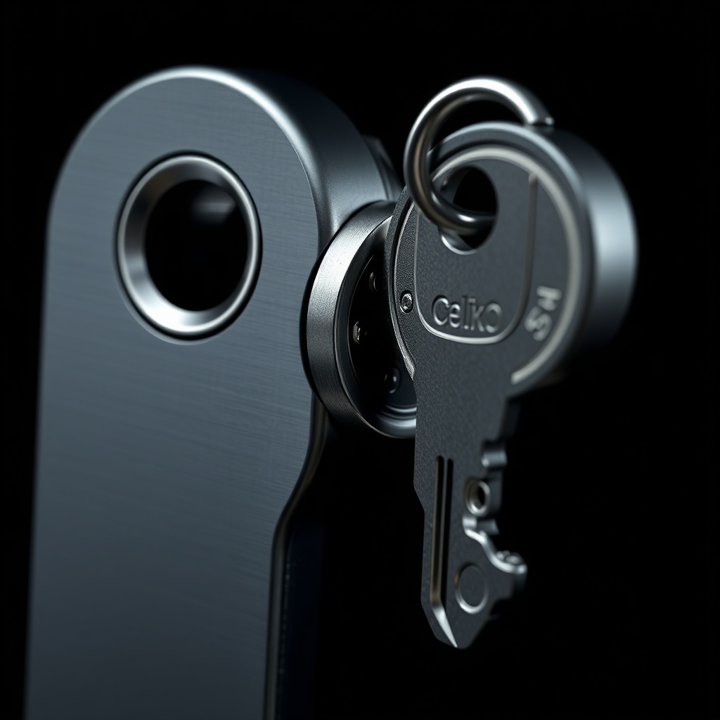 A photorealistic close-up of the Çelik Kapı X Pro keyhole and key