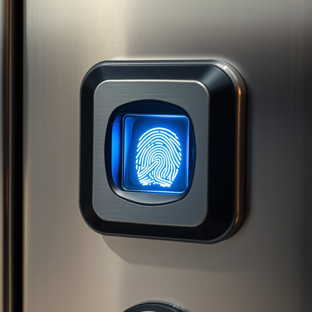 Close-up of a fingerprint scanner on a steel door
