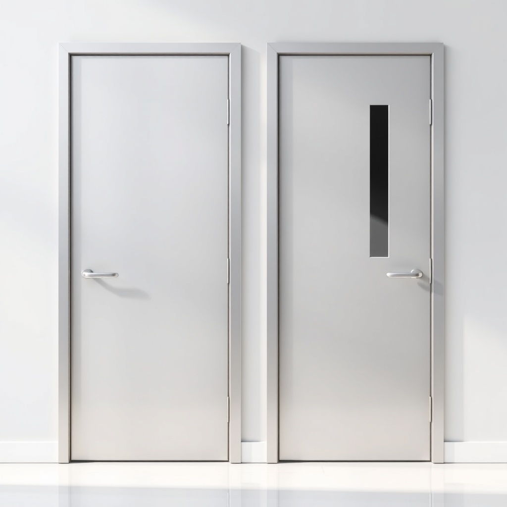 <clean photorealistic photo of two steel doors side by side