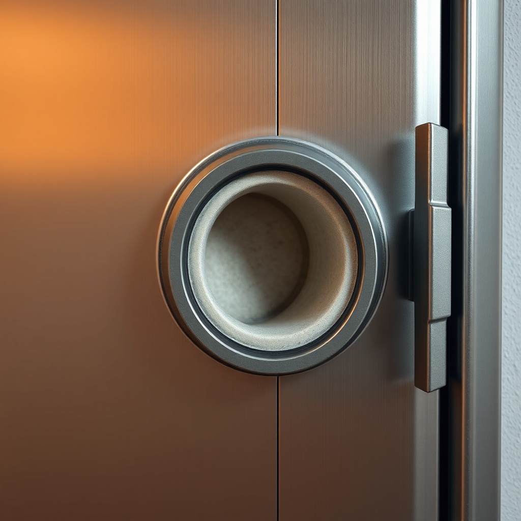 A photorealistic close-up of a heavy-duty steel door with a double rubber gasket seal and