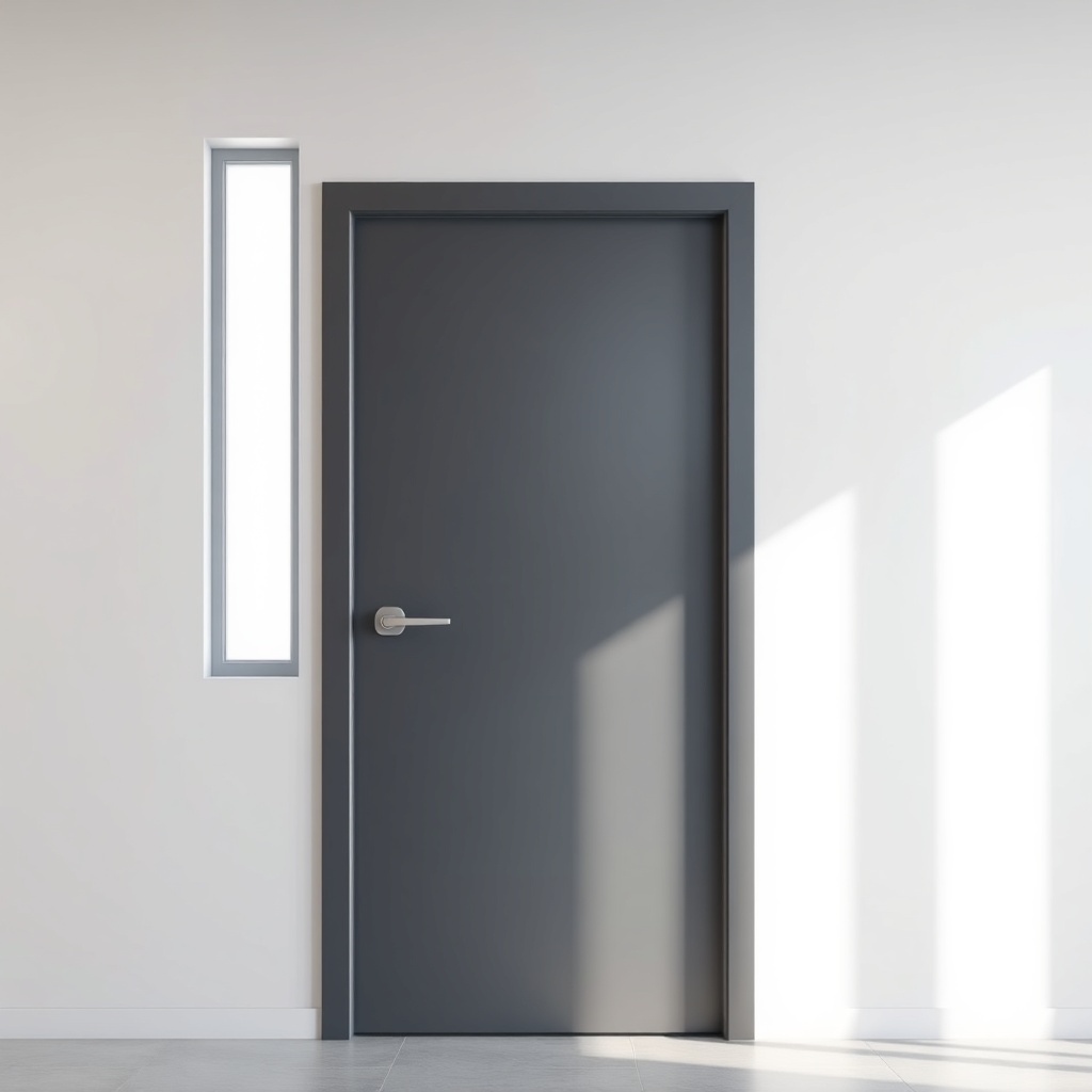 A photorealistic shot of a modern steel door with a dark grey matte finish and a narrow ge