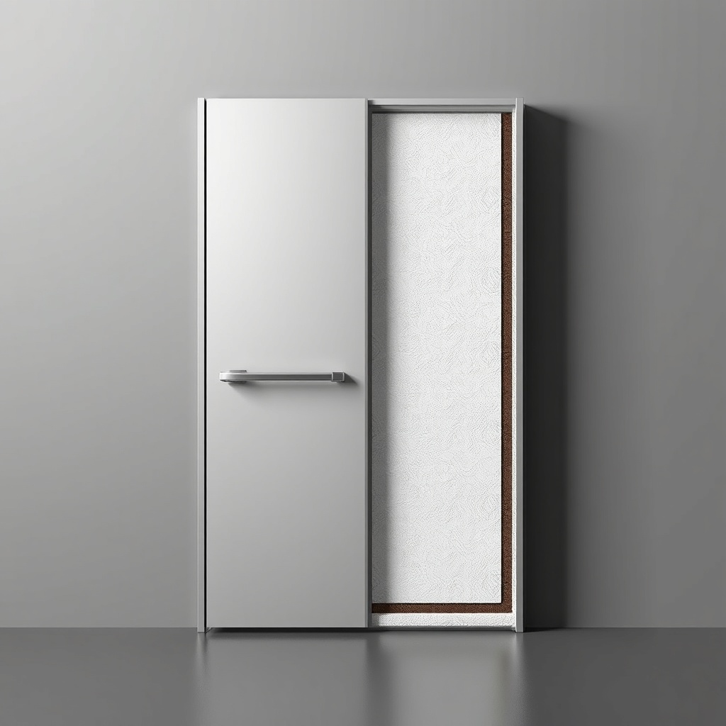 <clean photorealistic photo of a cross-section of the Çelik Kapı X Pro door showing steel