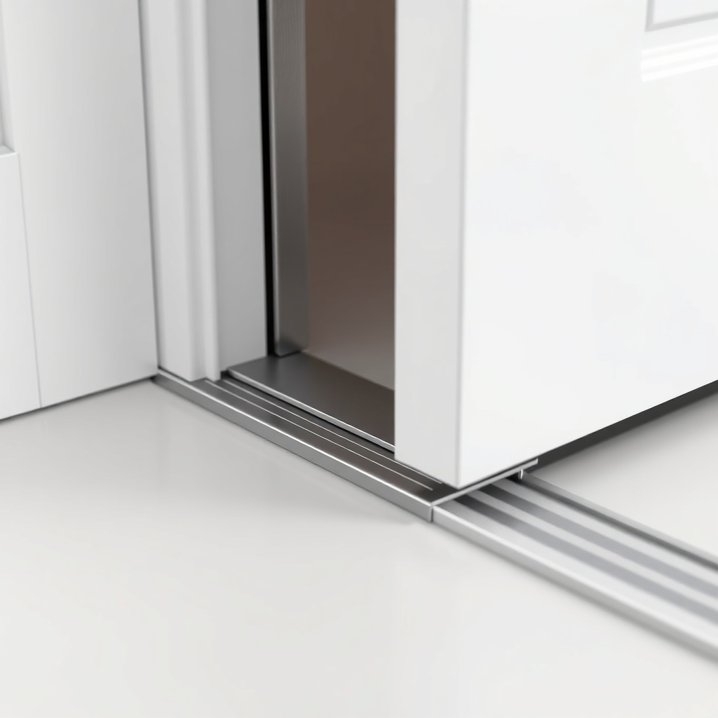 <clean photorealistic photo of the door edge showing EPDM rubber seal and automatic thresh