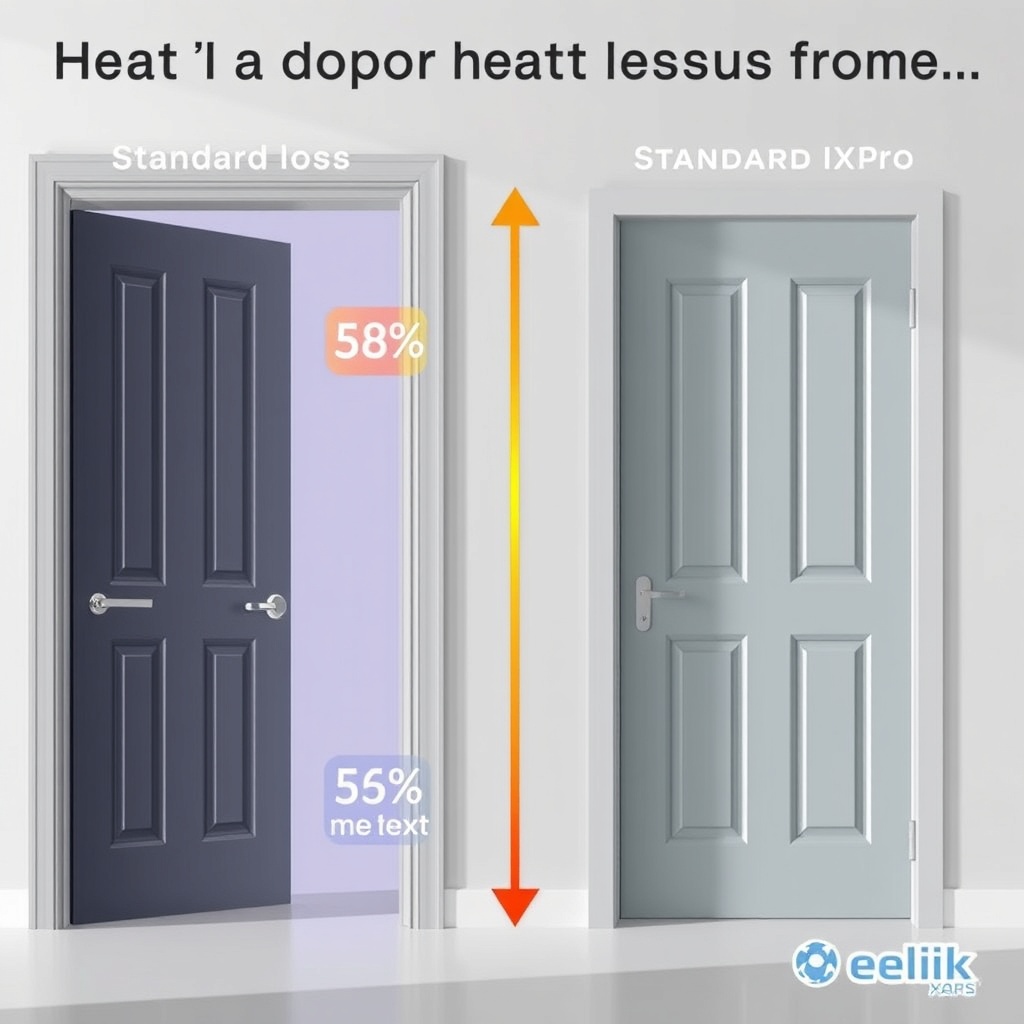 <Photorealistic energy efficiency infographic showing heat loss comparison between standar