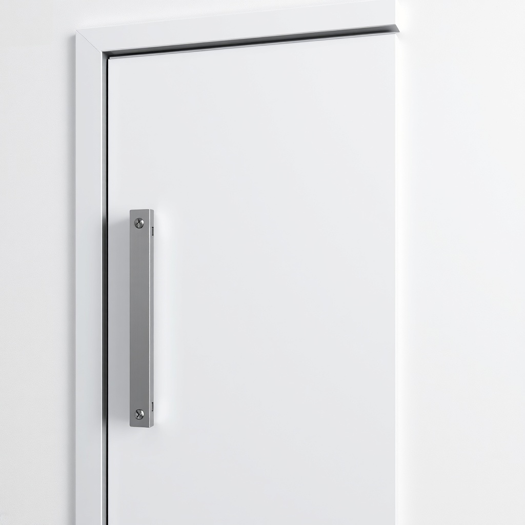 A photorealistic photo of a steel door with foam insulation visible between the frame and