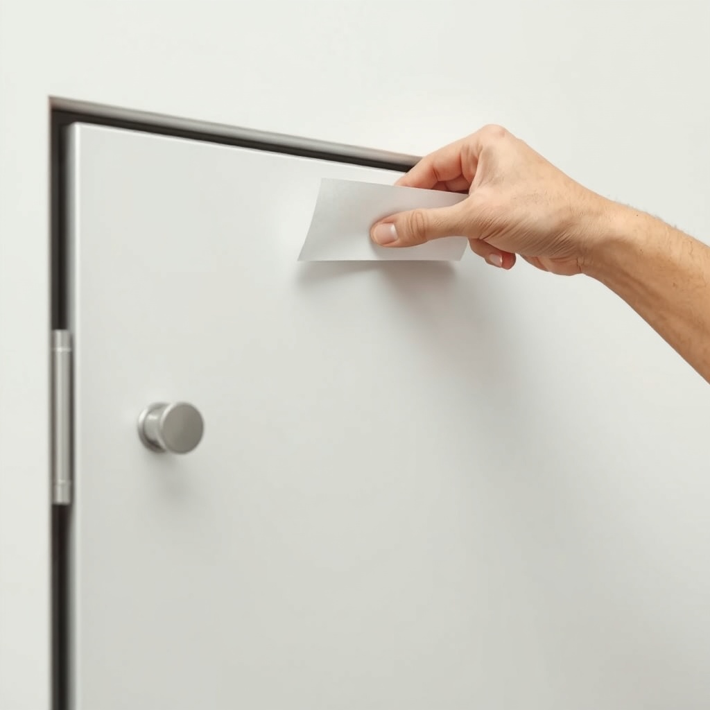 A photorealistic photo of a hand testing the gap between a steel door and its frame using