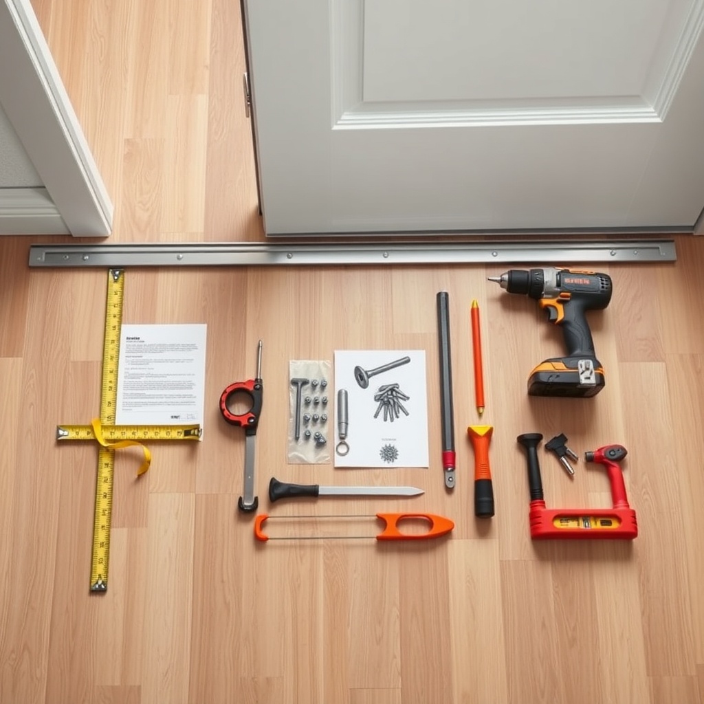 A clean photorealistic photo showing a steel door installation kit laid out on a wooden fl