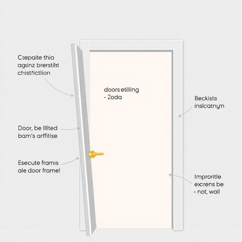 A simple illustration showing common installation errors on a steel door frame: tilted doo