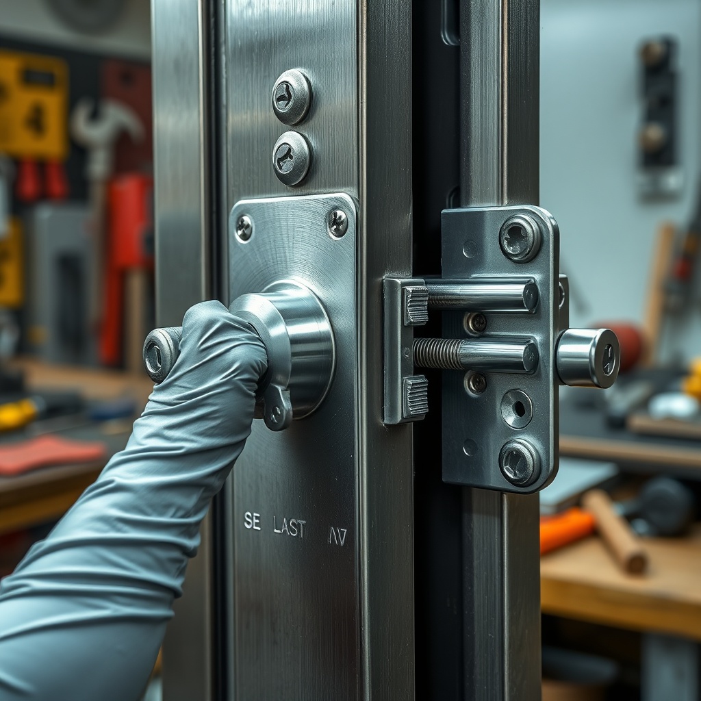 A detailed close-up photo of a steel security door lock mechanism being examined by a glov